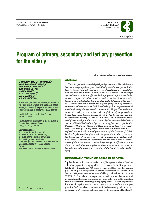 (PDF) Program of primary, secondary and tertiary prevention for the elderly
