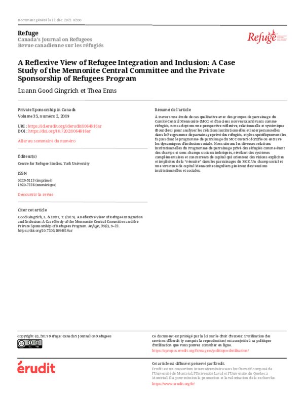 (PDF) A Reflexive View of Refugee Integration and Inclusion: A Case ...