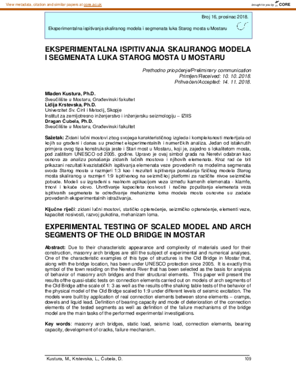 (PDF) Experimental Testing of Scaled Model and Arch Segments of the Old ...