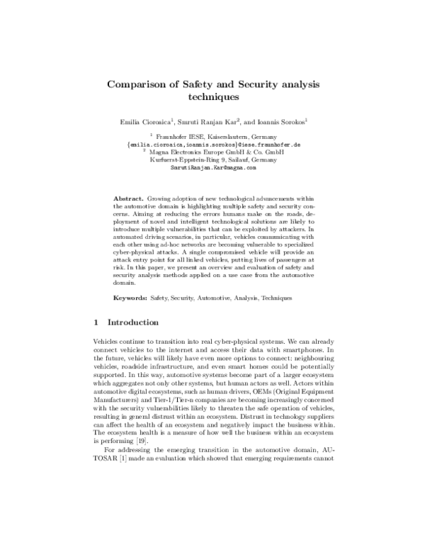 (PDF) Comparison of Safety and Security Analysis Techniques