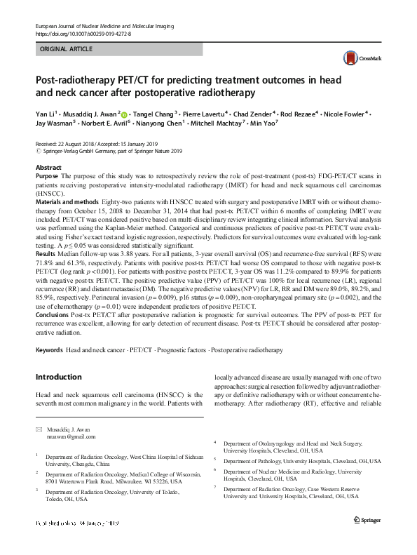(PDF) Post-radiotherapy PET/CT for predicting treatment outcomes in ...