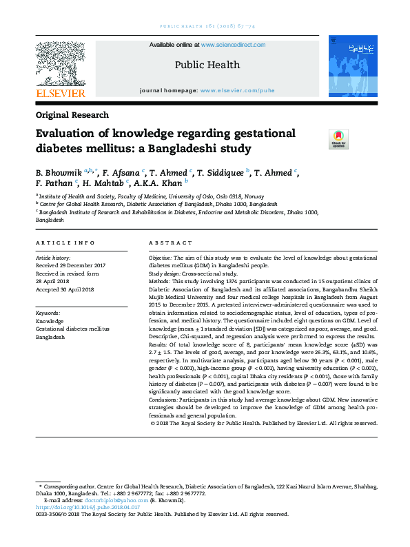 (PDF) Evaluation of knowledge regarding gestational diabetes mellitus ...