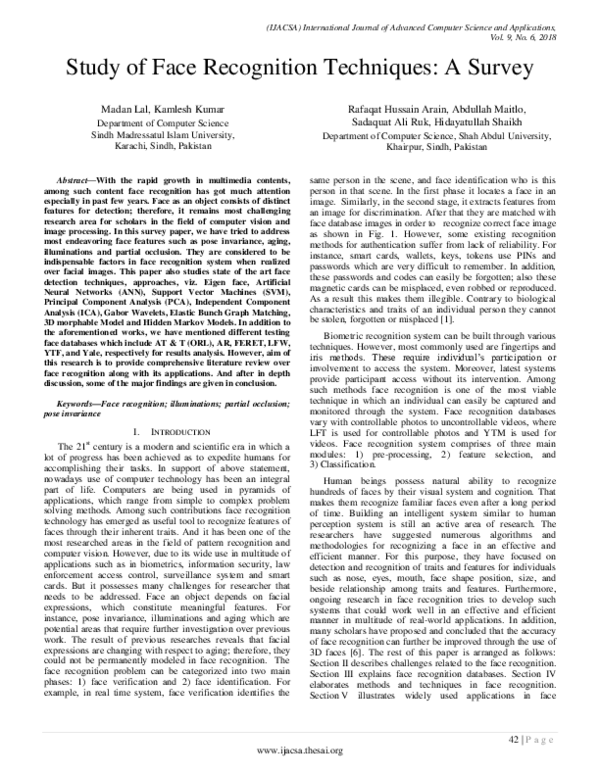 (PDF) Study of Face Recognition Techniques: A Survey