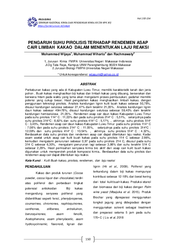 (PDF) Pengaruh Suhu Pirolisis Terhadap Rendemen Asap Cair Limbah Kakao ...
