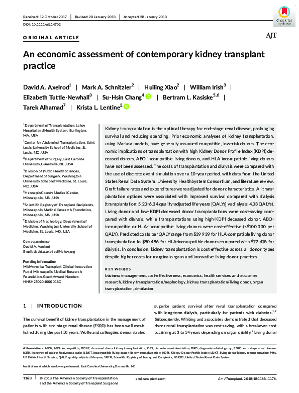 (PDF) An economic assessment of contemporary kidney transplant practice