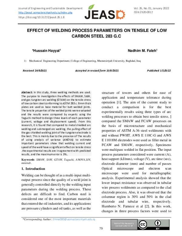 (PDF) Effect of Welding Process Parameters on Tensile of Low Carbon ...