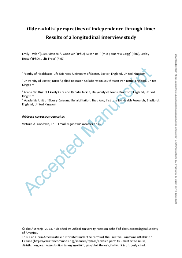 (PDF) Older adults’ perspectives of independence through time: Results ...