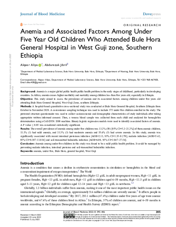 (PDF) Anemia and Associated Factors Among Under Five Year Old Children ...
