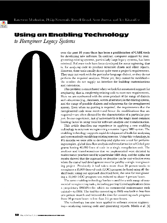 (PDF) Using an enabling technology to reengineer legacy systems