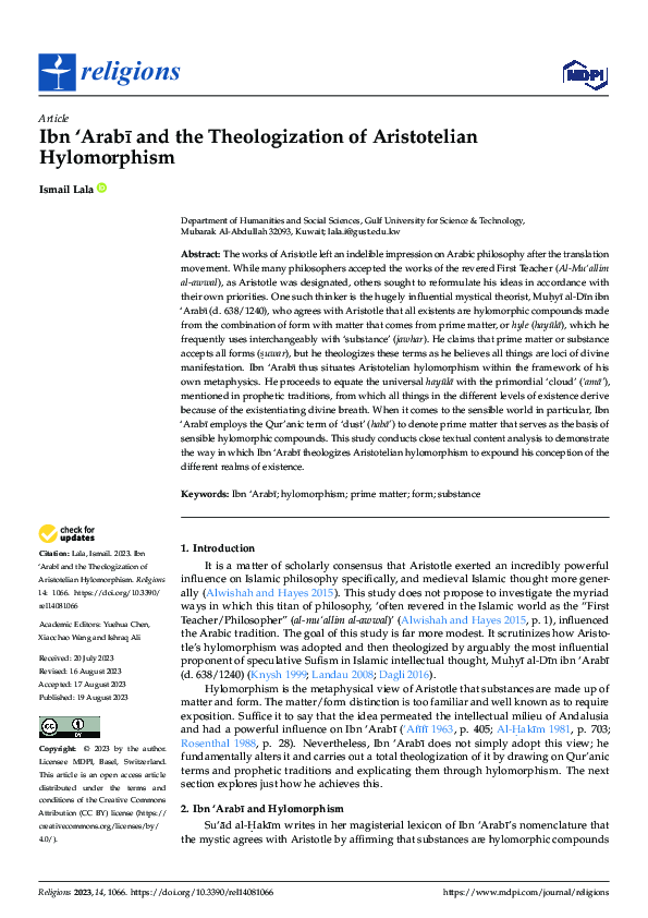 (PDF) Ibn 'Arabī and the Theologization of Aristotelian Hylomorphism