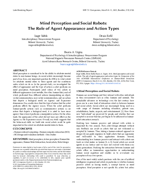 (PDF) Mind Perception and Social Robots: The Role of Agent Appearance ...