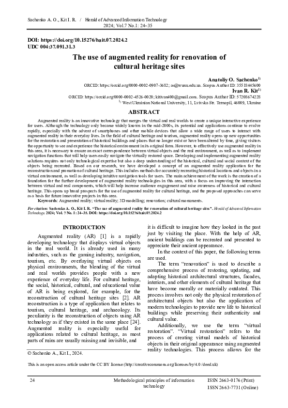 (PDF) The use of augmented realityfor renovation of cultural heritage ...