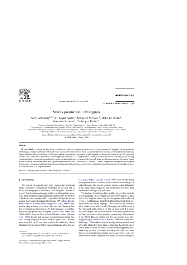(PDF) Syntax production in bilinguals