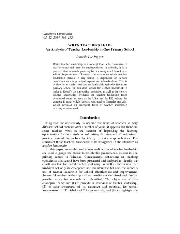 (PDF) WHEN TEACHERS LEAD: An Analysis of Teacher Leadership in One ...