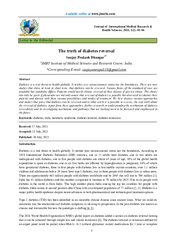 (PDF) The truth of diabetes reversal