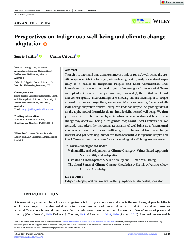 (PDF) Perspectives on Indigenous well-being and climate change adaptation