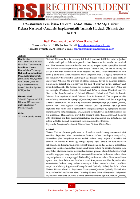 (PDF) Transformasi Pemikiran Hukum Pidana Islam Terhadap Hukum Pidana ...