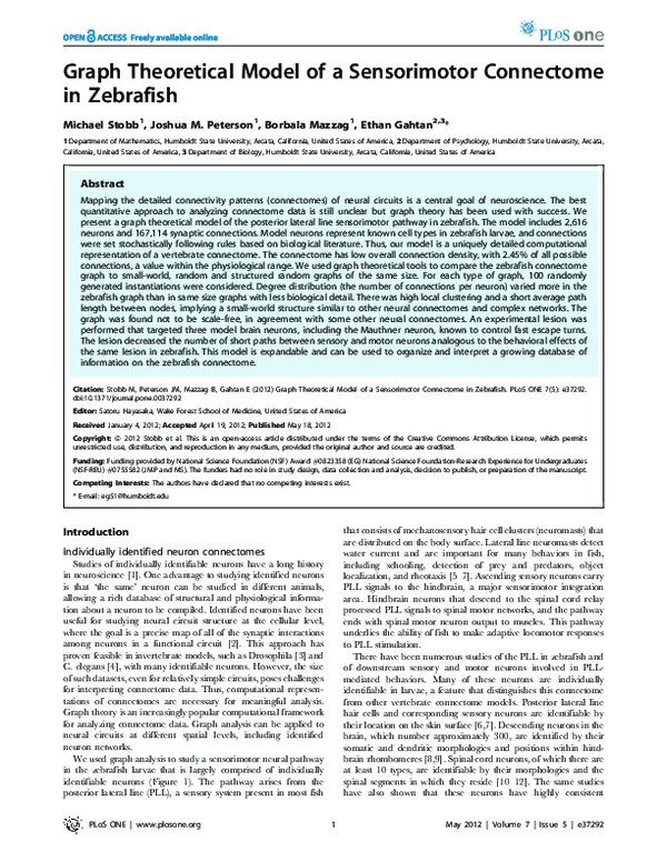(PDF) Graph Theoretical Model of a Sensorimotor Connectome in Zebrafish