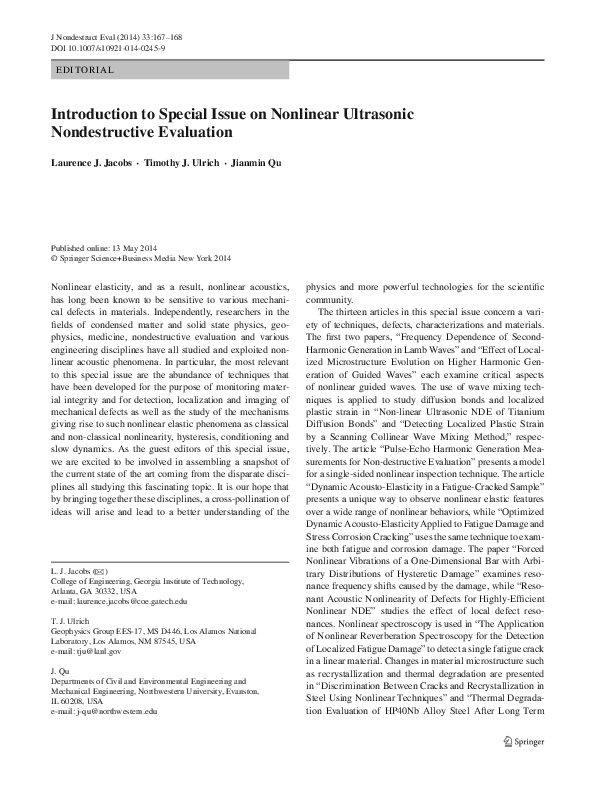 (PDF) Introduction to Special Issue on Nonlinear Ultrasonic ...