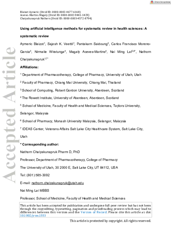(PDF) Using artificial intelligence methods for systematic review in ...