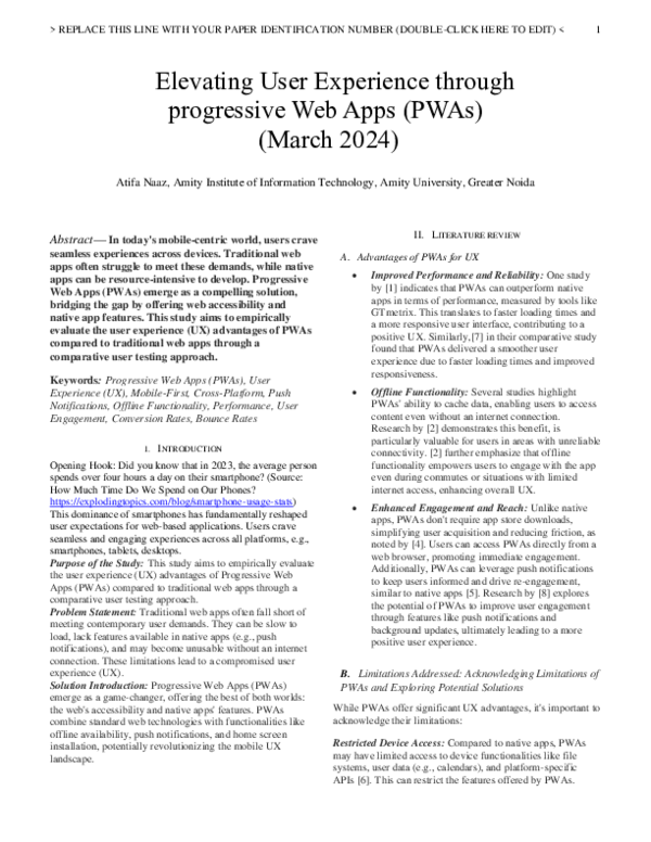 (PDF) Elevating User Experience through progressive Web Apps PWAs