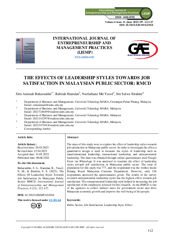 (PDF) The Effects of Leadership Styles Towards Job Satisfaction in ...