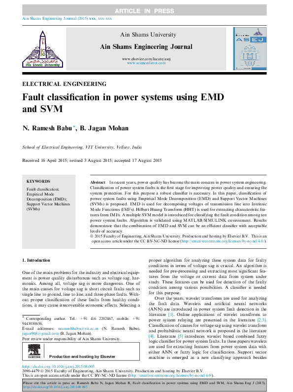 (PDF) Fault classification in power systems using EMD and SVM