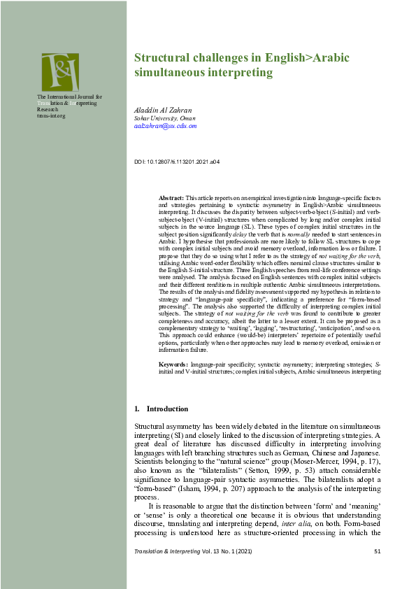 (PDF) Structural challenges in English>Arabic simultaneous interpreting