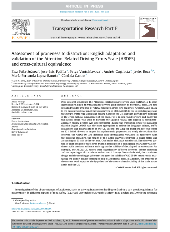 (PDF) Assessment of proneness to distraction: English adaptation and ...