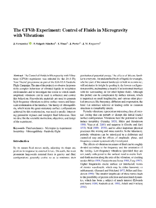 (PDF) The CFVib Experiment: Control of Fluids in Microgravity with ...