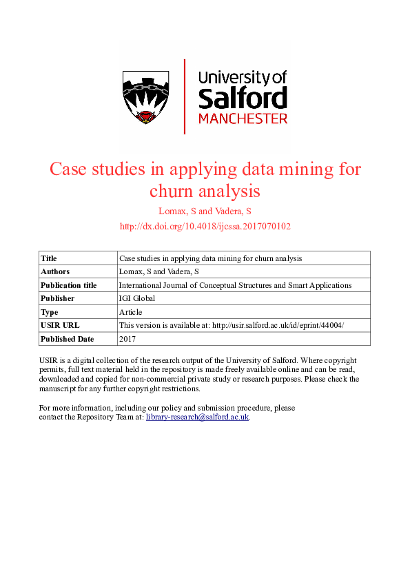 (PDF) Case Studies in Applying Data Mining for Churn Analysis