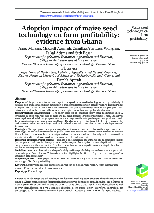 (PDF) Adoption impact of maize seed technology on farm profitability ...