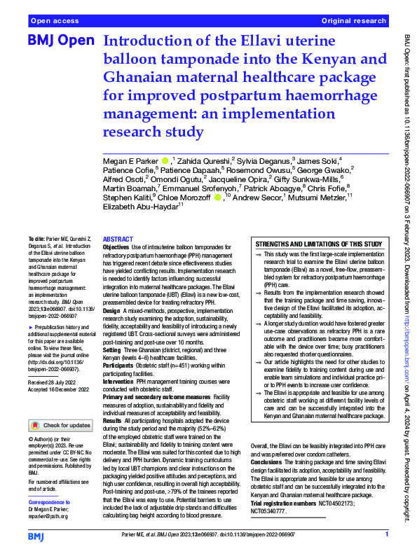 (PDF) Introduction of the Ellavi uterine balloon tamponade into the ...