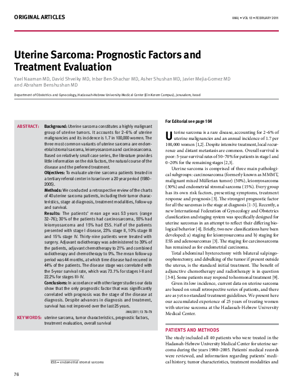 (PDF) Uterine sarcoma: prognostic factors and treatment evaluation
