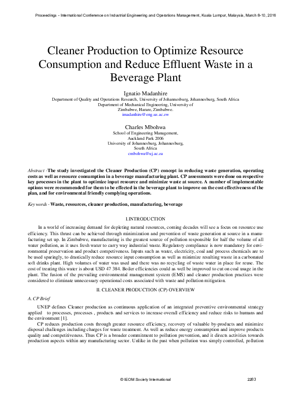 (PDF) Cleaner production to optimize resource consumption and reduce ...