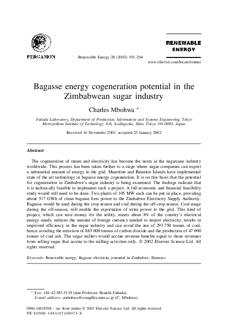 (PDF) Bagasse energy cogeneration potential in the Zimbabwean sugar ...