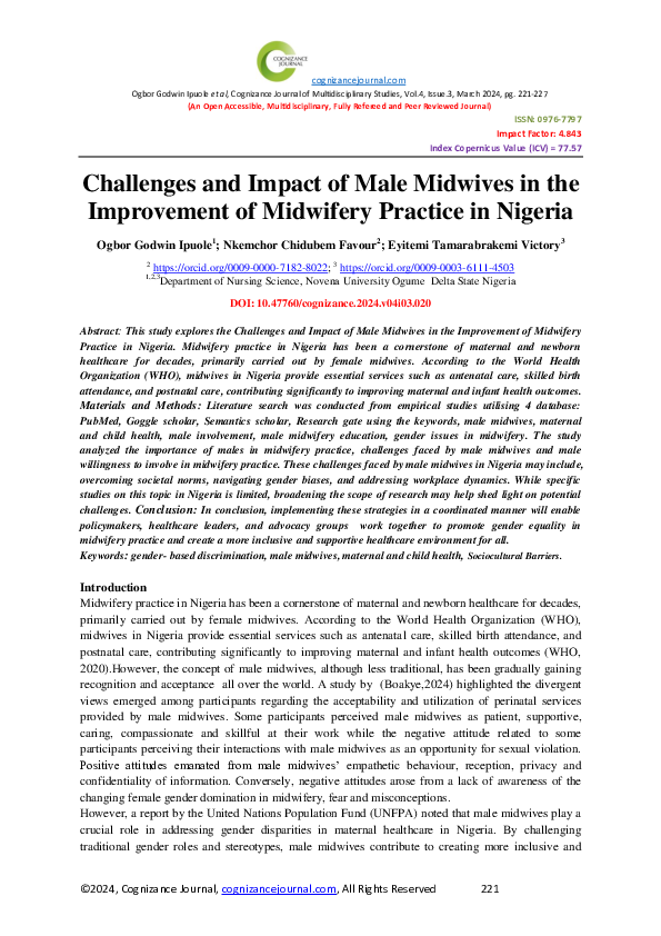 (PDF) Challenges and Impact of Male Midwives in the Improvement of ...