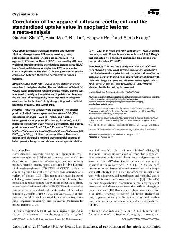 (PDF) Correlation of apparent diffusion coefficient values and ...