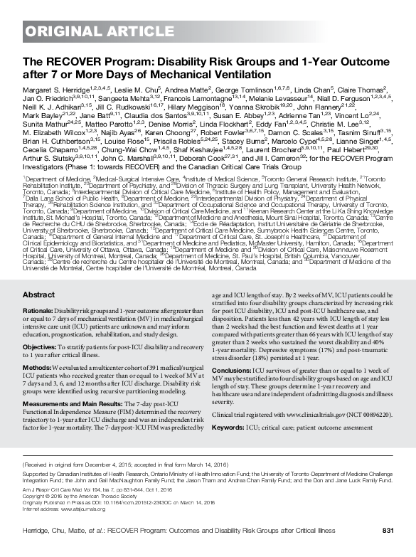 (PDF) The RECOVER Program: Disability Risk Groups & One Year Outcome ...