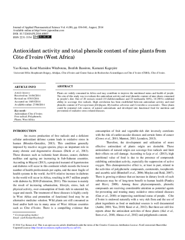 (PDF) Antioxidant activity and total phenolic content of nine plants from