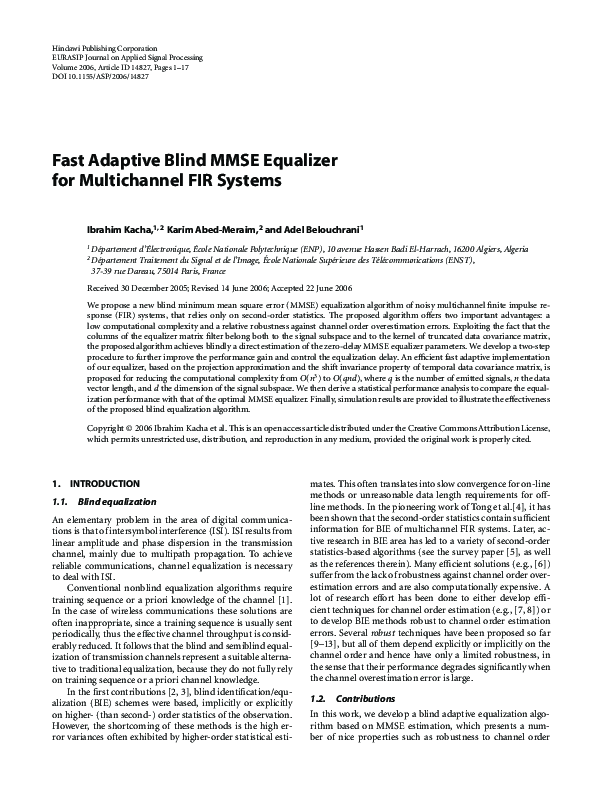 (PDF) Fast Adaptive Blind MMSE Equalizer for Multichannel FIR Systems
