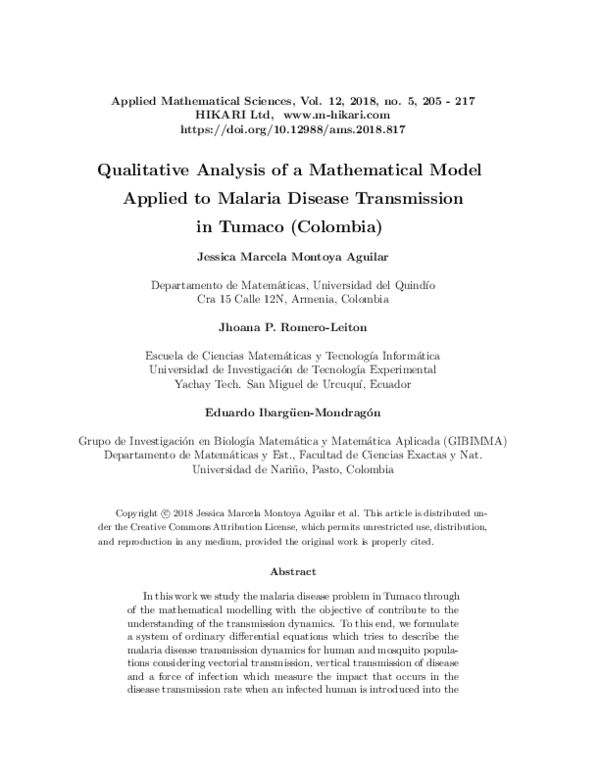 (PDF) Qualitative analysis of a mathematical model applied to malaria ...