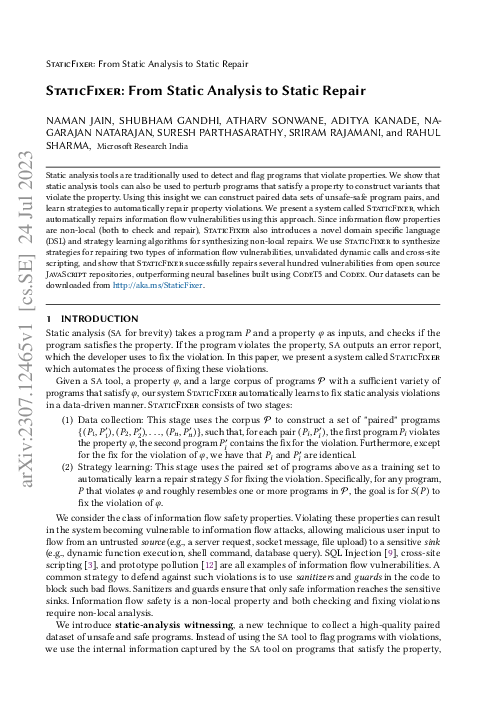 (PDF) StaticFixer: From Static Analysis to Static Repair