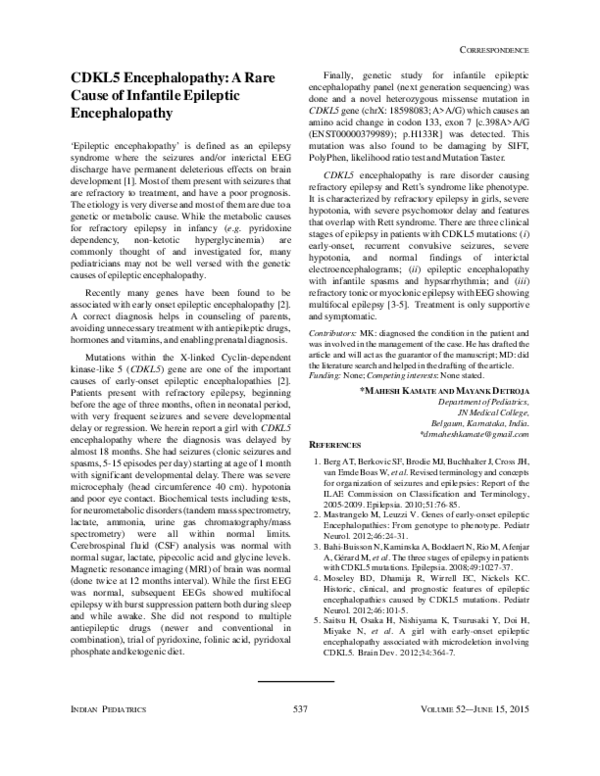 (PDF) CDKL5 Encephalopathy: A Rare Cause of Infantile Epileptic ...