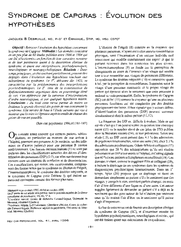 (PDF) Syndrome De Capgras: ÉVolution Des Hypotheses | J. Bruno ...