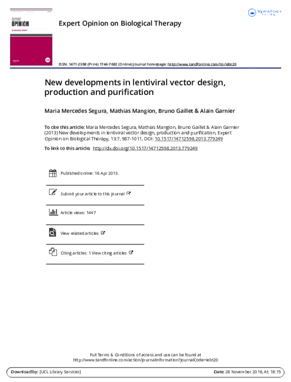 (PDF) New developments in lentiviral vector design, production and ...