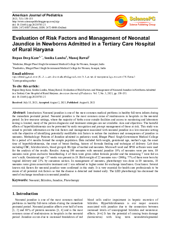 (PDF) Evaluation of Risk Factors and Management of Neonatal Jaundice in ...