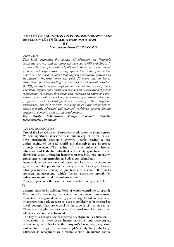 (PDF) IMPACT OF EDUCATION ON ECONOMIC GROWTH AND DEVELOPMENT IN NIGERIA ...