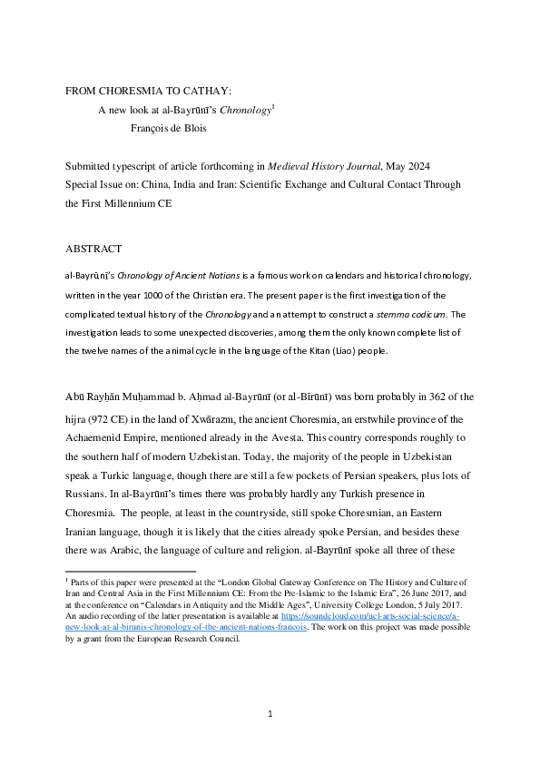 FROM CHORESMIA TO CATHAY: A new look at al-Bayrūnī's Chronology