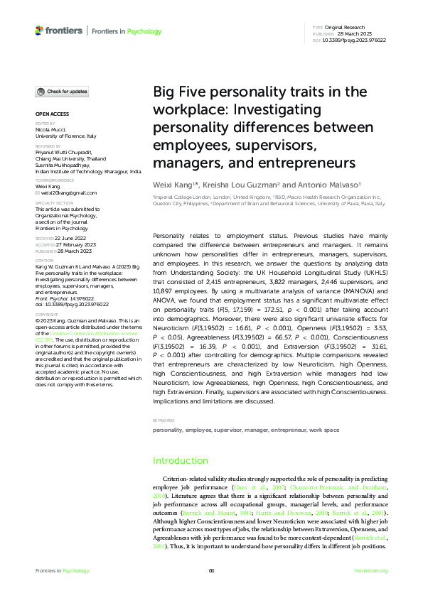 (PDF) Big Five personality traits in the workplace: Investigating ...